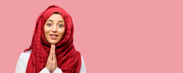 Young Arab Woman Wearing Hijab Hands Together Praying Gesture Expressing — Stock Photo, Image