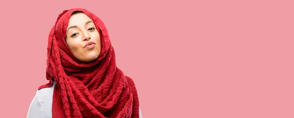 Young Arab Woman Wearing Hijab Expressing Love Blows Kiss Camera — Stock Photo, Image