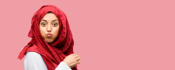 Young Arab Woman Wearing Hijab Puffing Out Cheeks Having Fun — Stock Photo, Image