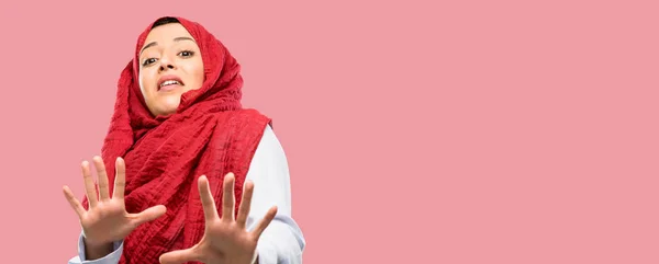 Young Arab Woman Wearing Hijab Disgusted Angry Keeping Hands Stop — Stock Photo, Image