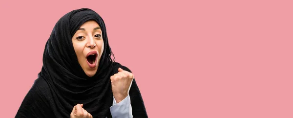 Young Arab Woman Wearing Hijab Happy Excited Celebrating Victory Expressing — Stock Photo, Image