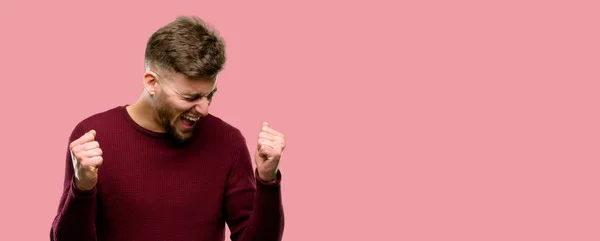 Handsome Young Man Happy Excited Expressing Winning Gesture Successful Celebrating — Stock Photo, Image