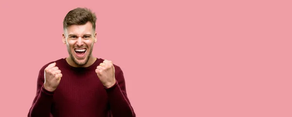 Handsome Young Man Happy Excited Expressing Winning Gesture Successful Celebrating — Stock Photo, Image