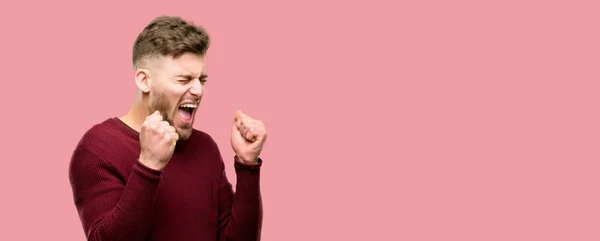 Handsome Young Man Happy Excited Expressing Winning Gesture Successful Celebrating — Stock Photo, Image