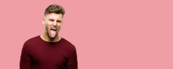 Handsome Young Man Sticking Out Tongue Camera Sign Disobedience Protest — Stock Photo, Image