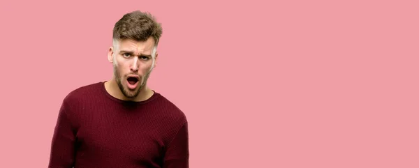 Handsome Young Man Scared Surprised Cheering Expressing Wow Gesture Unbelieving — Stock Photo, Image