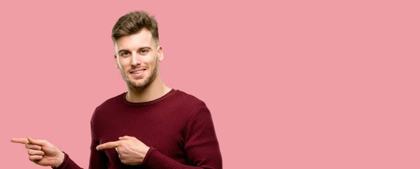 Handsome Young Man Pointing Away Side His Finger — Stock Photo, Image