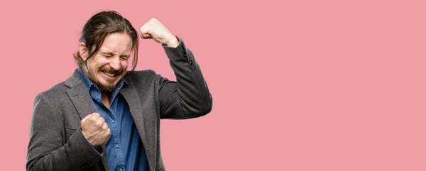 Handsome Young Man Happy Excited Expressing Winning Gesture Successful Celebrating — Stock Photo, Image