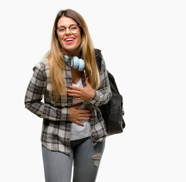 Kobieta Młody Student Słuchawki Plecak Pewnie Szczęśliwie Duży Naturalny Uśmiech — Zdjęcie stockowe