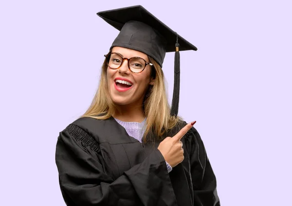 Young Woman University Graduate Student Pointing Away Side Finger — Stock Photo, Image