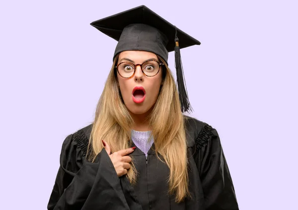 Young Woman University Graduate Student Happy Surprised Cheering Expressing Wow — Stock Photo, Image