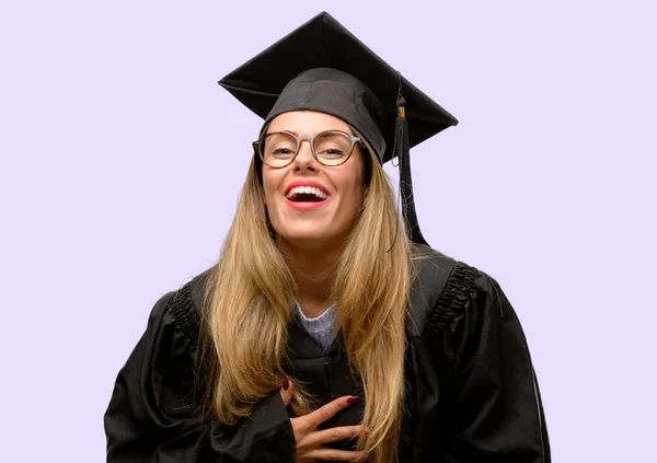 Mladá Žena University Postgraduální Student Spokojené Smíchy Přirozený Úsměv — Stock fotografie