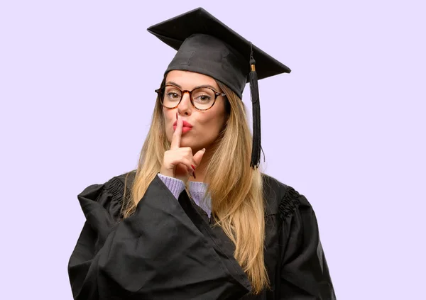 Young Woman University Graduate Student Index Finger Lips Ask Quiet — Stock Photo, Image