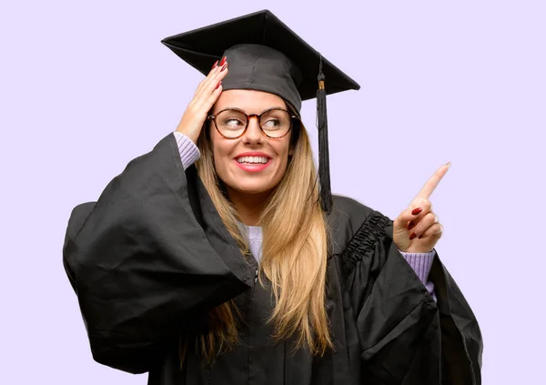 Young Woman University Graduate Student Pointing Away Side Finger — Stock Photo, Image