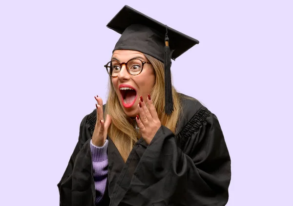 Young Woman University Graduate Student Stressful Keeping Hands Head Terrified — Stock Photo, Image