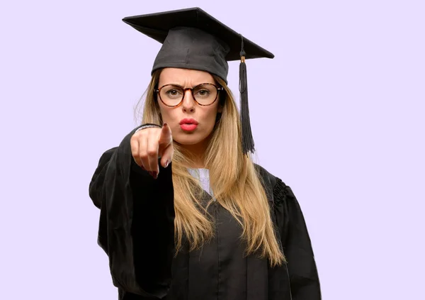 Young Woman University Graduate Student Pointing Front Finger — Stock Photo, Image