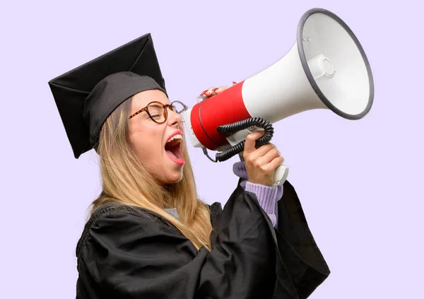 Young Woman University Graduate Student Communicates Shouting Loud Holding Megaphone — Stock Photo, Image