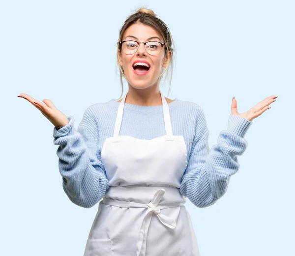 Young Woman Shop Owner Wearing Apron Happy Surprised Cheering Expressing — Stock Photo, Image