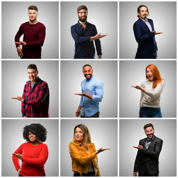 Group of mixed people, women and men holding something in empty hand