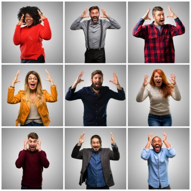 Grup karışık insanları, kadın ve erkek mutlu ve ifade wow jest tezahürat