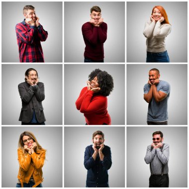 Grup karışık insanları, kadın ve erkek mutlu ve ifade wow jest tezahürat