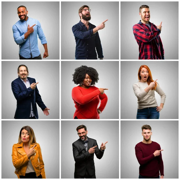 Groep Van Gemengde Mensen Vrouwen Mannen Weg Zijde Met Vinger — Stockfoto