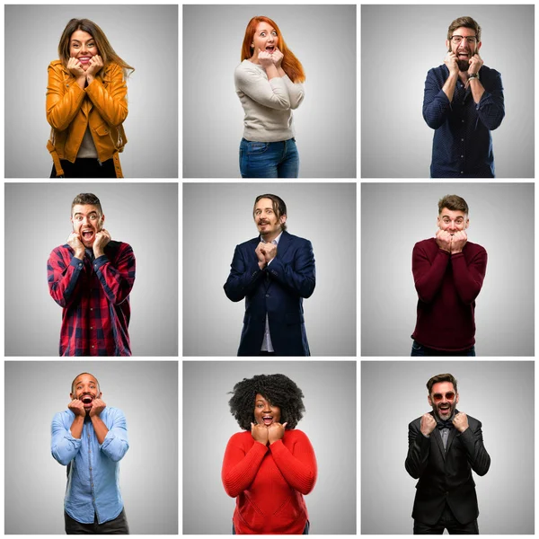 Gruppo Persone Miste Donne Uomini Felici Sorpresi Applaudendo Esprimendo Gesto — Foto Stock