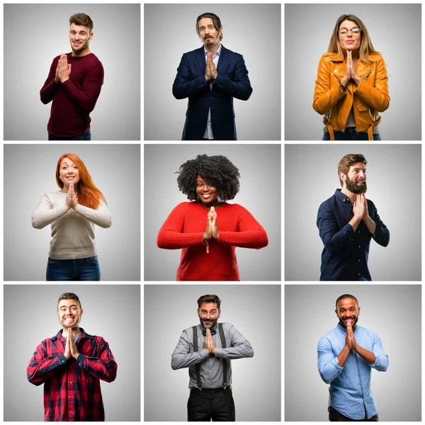 Group of mixed people, women and men with hands together in praying gesture, expressing hope and please concept