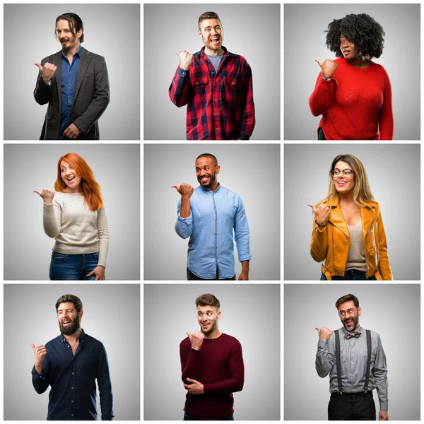 Group Mixed People Women Men Pointing Away Side Finger — Stock Photo, Image
