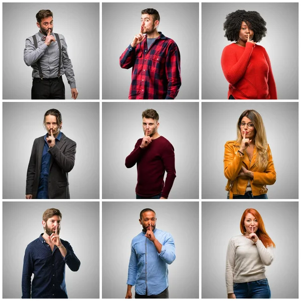 Groep Van Gemengde Mensen Vrouwen Mannen Met Wijsvinger Lippen Vragen — Stockfoto