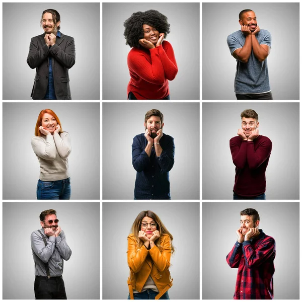 Gruppo Persone Miste Donne Uomini Felici Sorpresi Applaudendo Esprimendo Gesto — Foto Stock