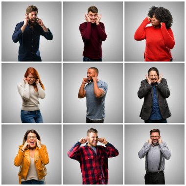 Grup karışık insanlar, kadınlar ve erkeklerin kulakları rahatsız edici gürültü görmezden kapsayan, kulak işitme ses önlemek için takar. Gürültülü müzik bir sorundur.