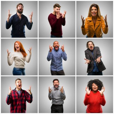 Grup karışık insanları, kadın ve erkek çok korkmuş ve sinir anksiyete ve panik jest, bunalmış ifade