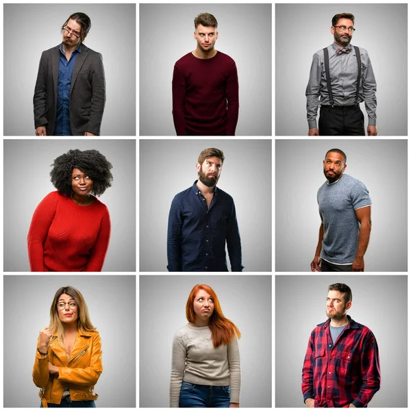 Grupp Blandade Människor Kvinnor Och Män Att Göra Roliga Ansikte — Stockfoto