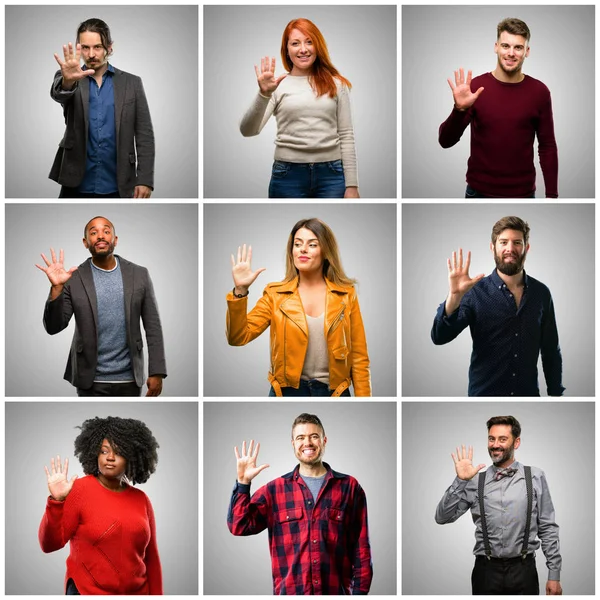 Група Змішаних Людей Жінок Чоловіків Які Піднімають Палець Яте Число — стокове фото