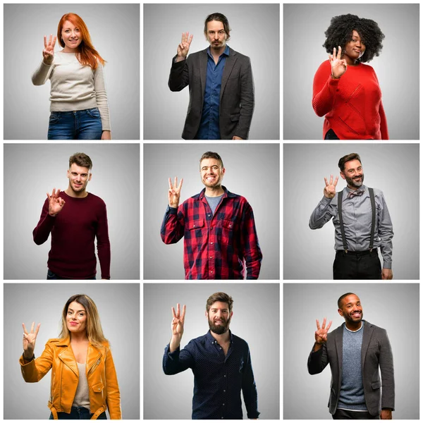 Group of mixed people, women and men raising finger, is the number three