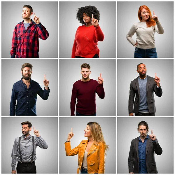 Group Mixed People Women Men Raising Finger Number One — Stock Photo, Image