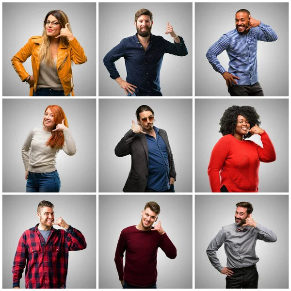 Group Mixed People Women Men Happy Excited Making Showing Call — Stock Photo, Image