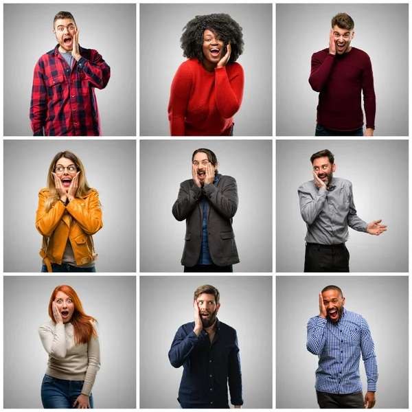 Group of mixed people, women and men so happy and confident showing a big smile surprised finger