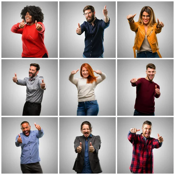 Grupo Pessoas Mistas Mulheres Homens Estão Felizes Positivos Com Polegares — Fotografia de Stock