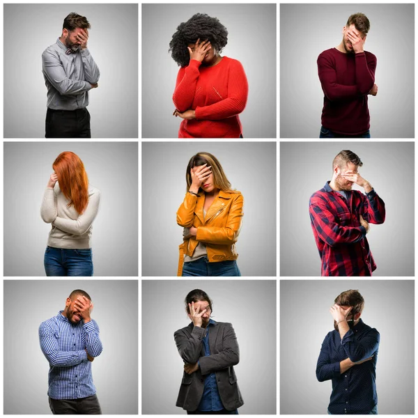 Group of mixed people, women and men stressful keeping hands on head, tired and frustrated