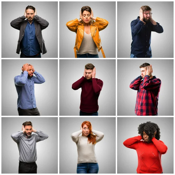 Grupo Pessoas Mistas Mulheres Homens Cobrindo Ouvidos Ignorando Ruído Alto — Fotografia de Stock