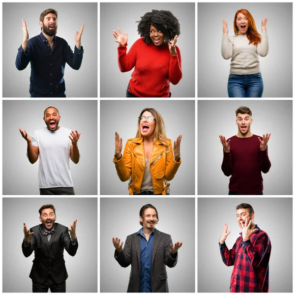 Group Mixed People Women Men Happy Surprised Cheering Expressing Wow — Stock Photo, Image