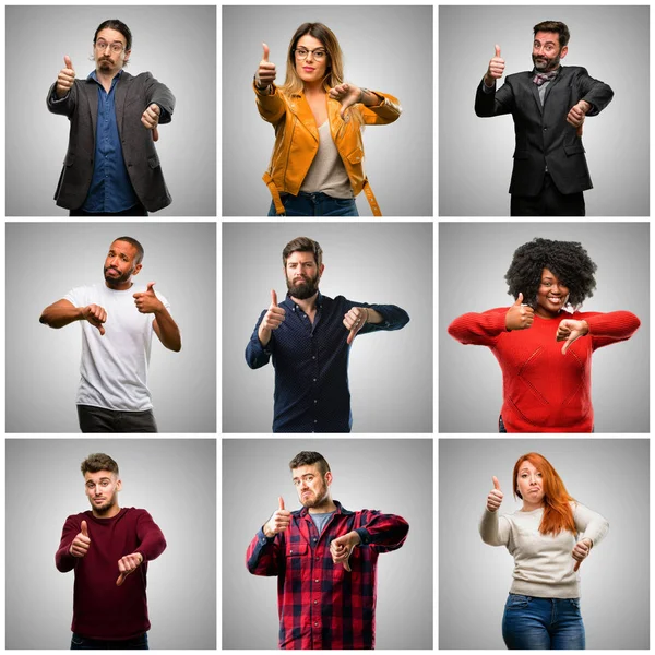 Groep Van Gemengde Mensen Vrouwen Mannen Verward Met Duimen Neer — Stockfoto