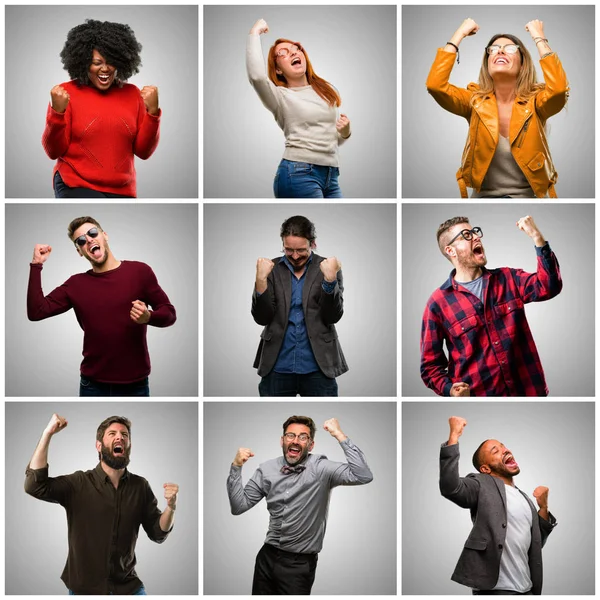 Gruppo Persone Miste Donne Uomini Felici Emozionati Che Celebrano Vittoria — Foto Stock