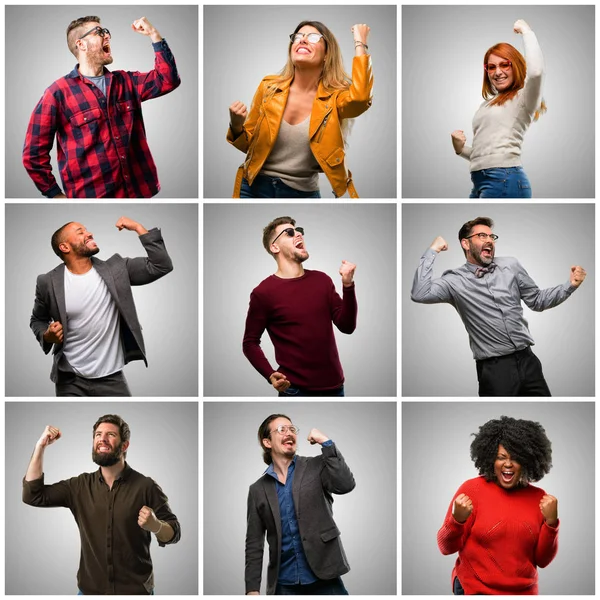 Groep Gemengd Mensen Vrouwen Mannen Blij Opgewonden Vieren Overwinning Groot — Stockfoto