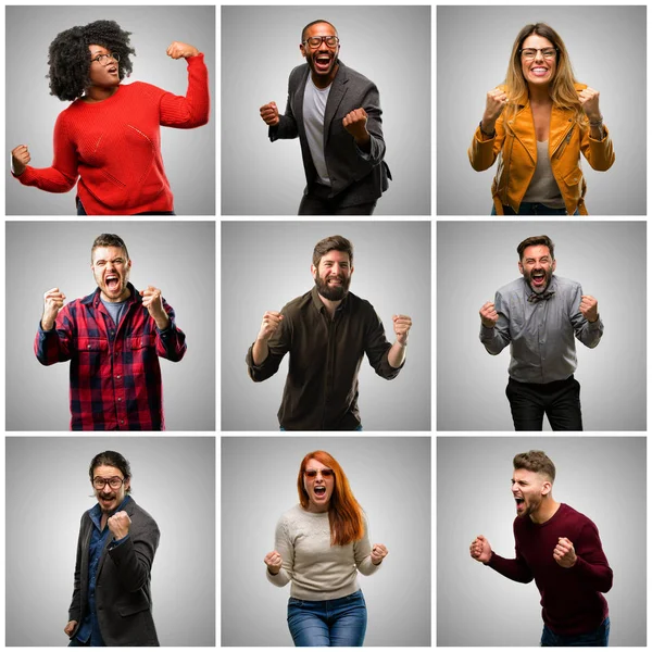 Groep Gemengd Mensen Vrouwen Mannen Blij Opgewonden Vieren Overwinning Groot — Stockfoto