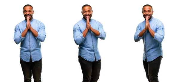 African American Man Beard Hands Together Praying Gesture Expressing Hope — Stock Photo, Image