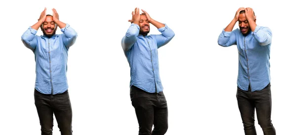 Američan Afričana Muž Plnovousem Vyděšený Nervózní Vyjadřuje Úzkost Panika Gesto — Stock fotografie
