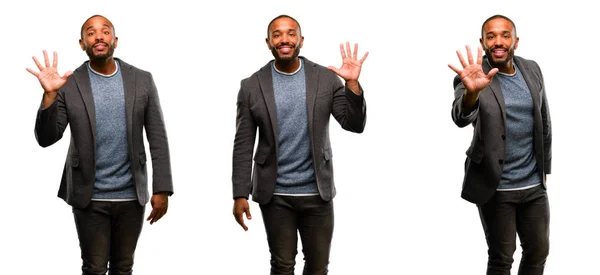 African American Man Beard Raising Finger Number Five — Stock Photo, Image